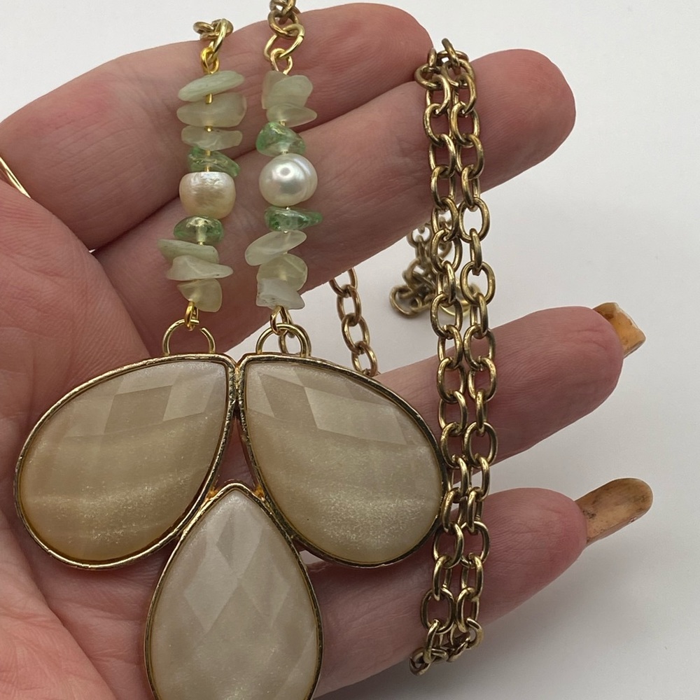NWOT New Design up cycled handmade necklace large pendant green stone pearls